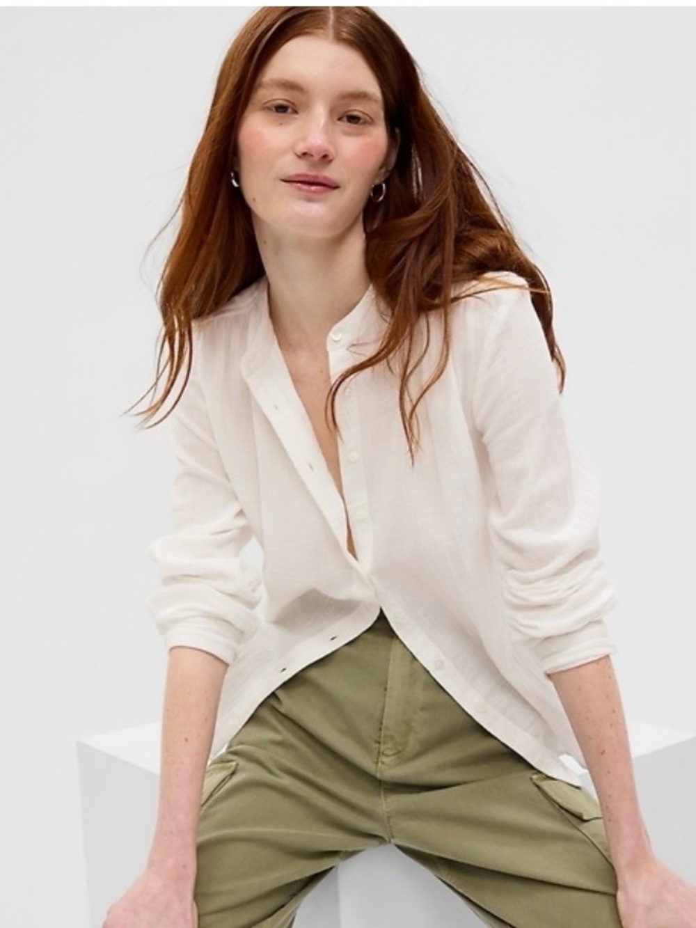 GAP Crinkle Gauzeβ Collarless Big Shirt Natural Linen Color XL